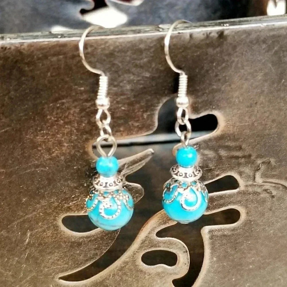 PinkDiva Jewelry - Handmade Turquoise Victorian Lace Art Nouveau Gemstone Bead Drop Earrings